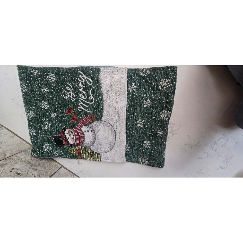 Christmas Snowman Be Merry Woven Tapestry Table Runner Green Holiday Decor